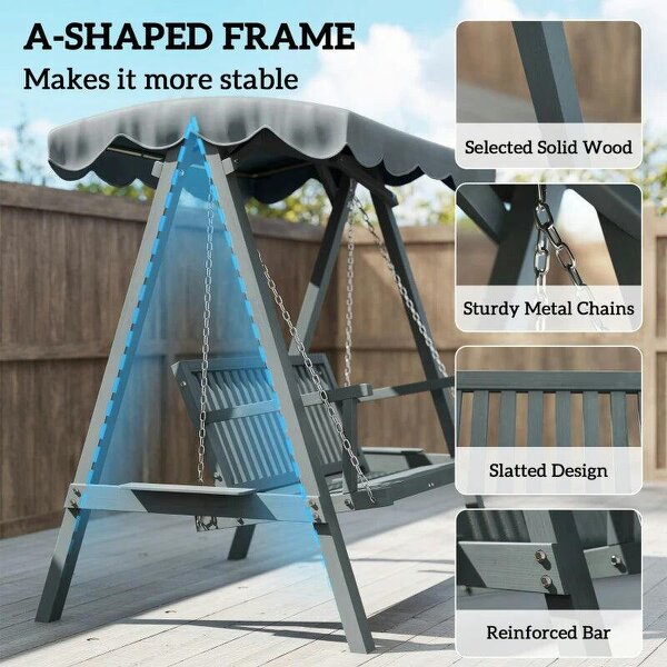2 Seater Garden Swing Seat with Canopy, Wooden Swing Chair, Outdoor Hammock Bench for Balcony Patio Porch, Grey
