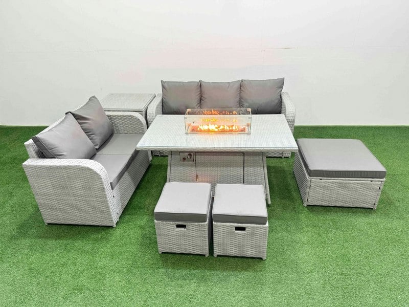 Fimous 8 Seater PE Rattan Wicker Garden Furniture Patio Conservatory Sofa Set with Fire Pit Dining Table 3 Seater Sofa Love Sofa 3 Stool Side Table