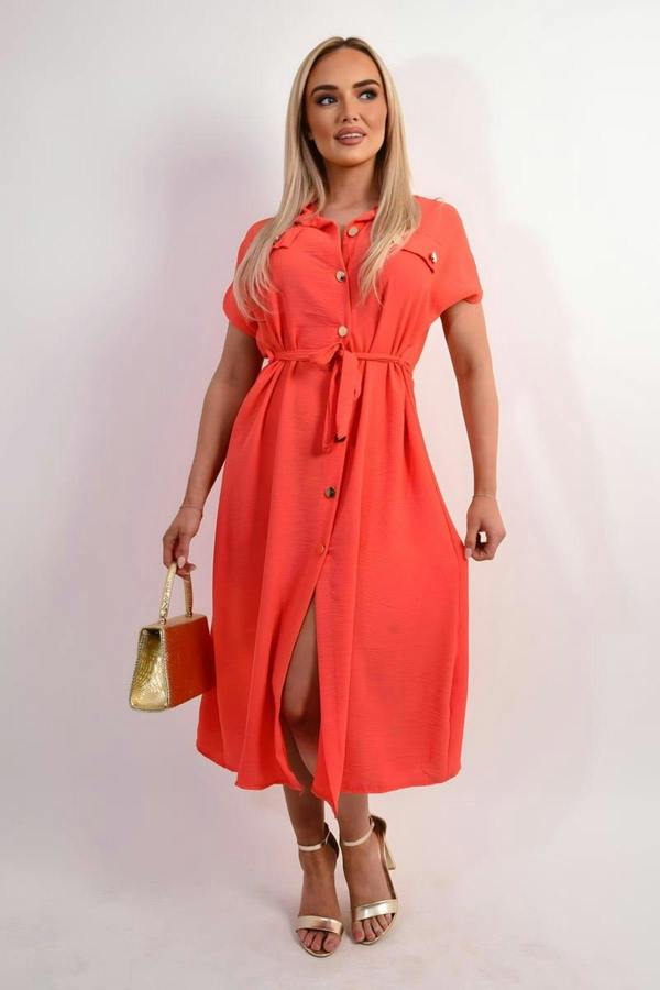 Annie Collared Button Down Short Sleeve Tie Waist Midi Dress - Coral
