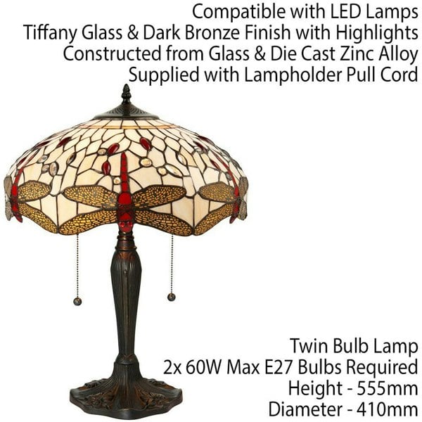 Tiffany Glass Table Lamp Light Dark Bronze & Cream Red Dragonfly Shade i00188 Loops