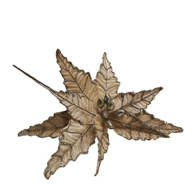 Samuel Alexander 50cm Champagne Velvet Poinsettia Stem with Glitter Christmas Decoration