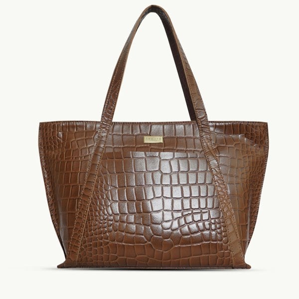 Assots London 'AGNES' Tan Croc Real Leather Designer Tote Bag