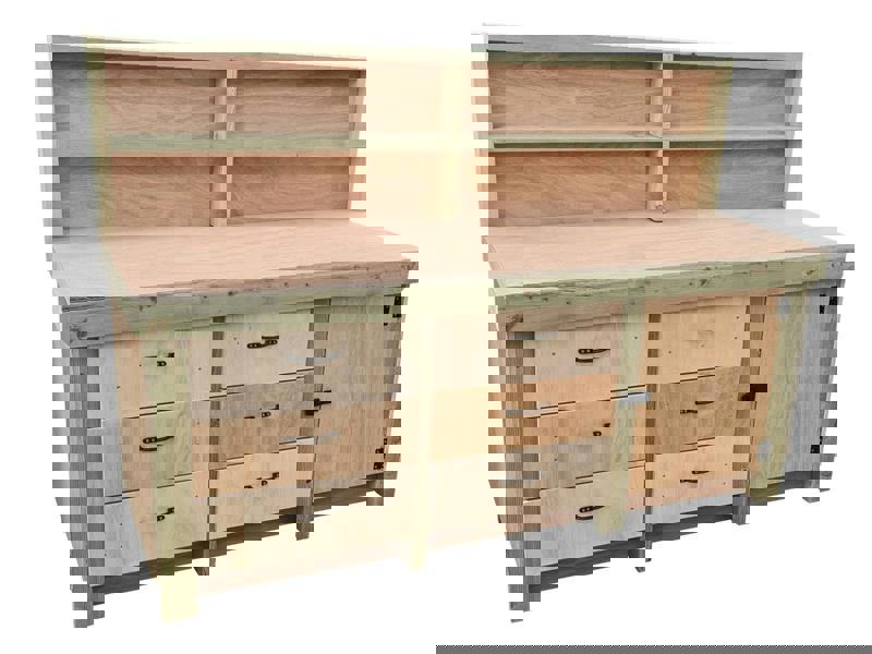 Arbor Garden Solutions Wooden Eucalyptus hardwood top workbench, cabinet with lockable cupboard (V.3) with back