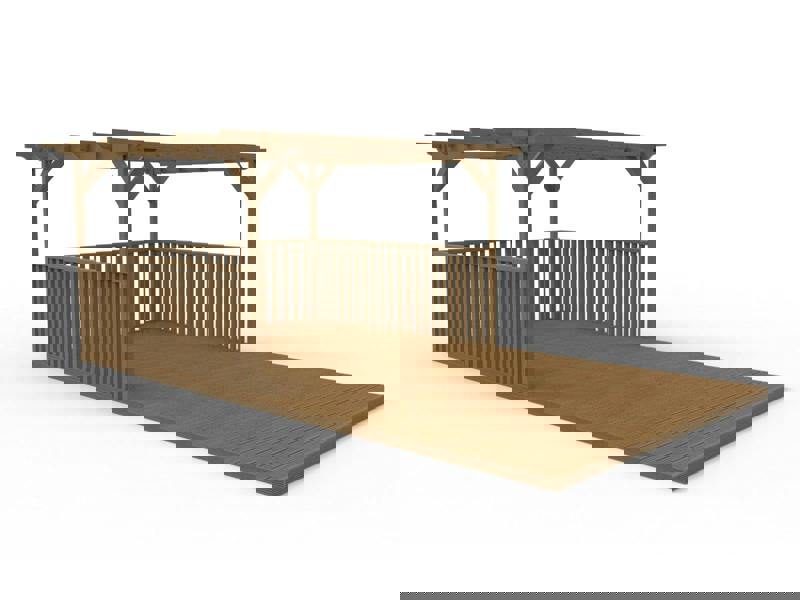 Rectangular pergola and decking kit with balustrade, made from pressure treated timber and high quality pergola posts, featuring a raised wooden deck, vertical slatted balustrade, and an open pergola roof frame.