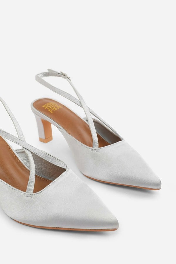 Where's That From Serna Wide Fit Pointed Toe Low Block Heel With Cross Over Ankle Strap in Silver Satin