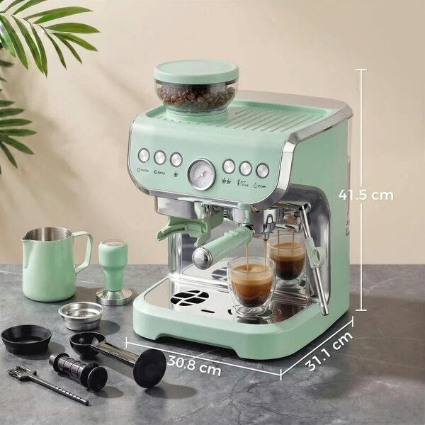 15 Bar Coffee Machine, with Adjustable Grind, Steamer and Accessories - Light Green