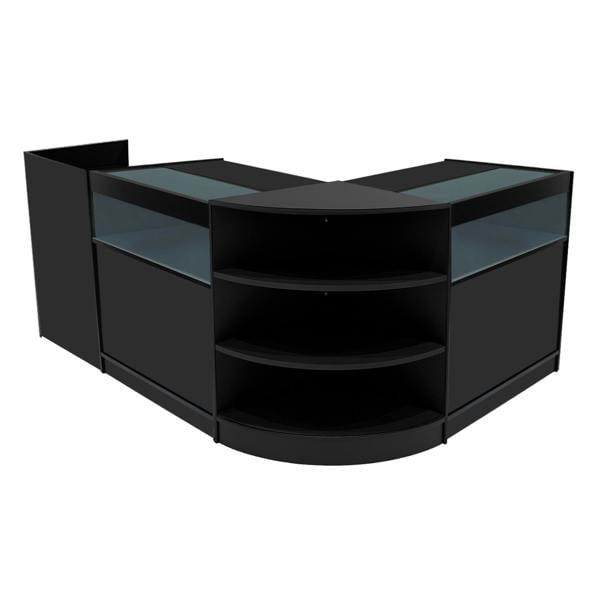 Sagittarius LED Shop Counter Set in black, featuring sleek glass displays, curved shelves, and modern design for retail spaces