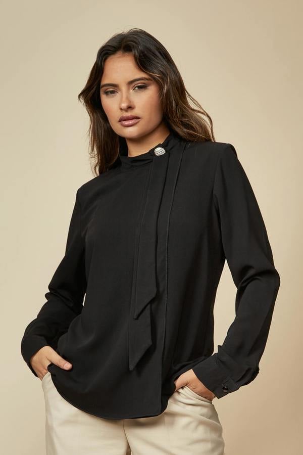 Hoxton Gal Oversized High Neck Top with Brooch Details in Black