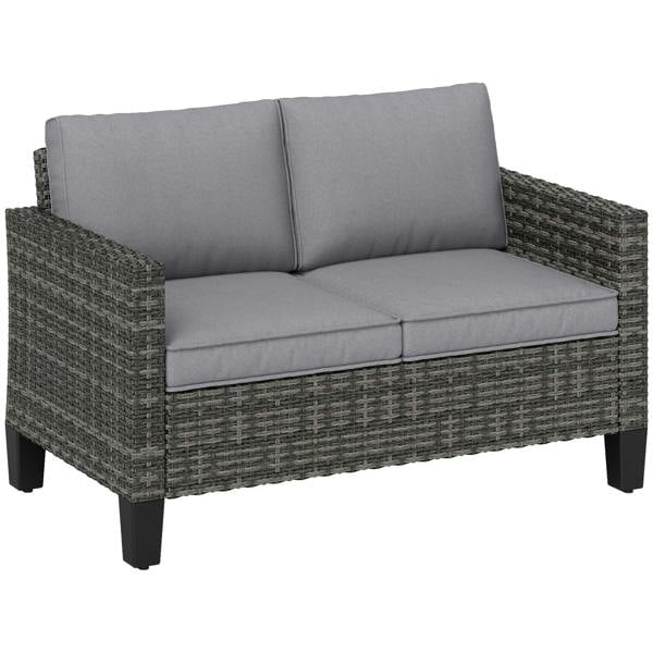 Two-seater dark grey rattan outdoor sofa with two back cushions and light grey seat pad
