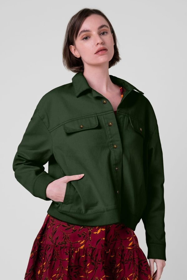 ENORSIA Womens Green Flap Pocket Button Detail Jacket