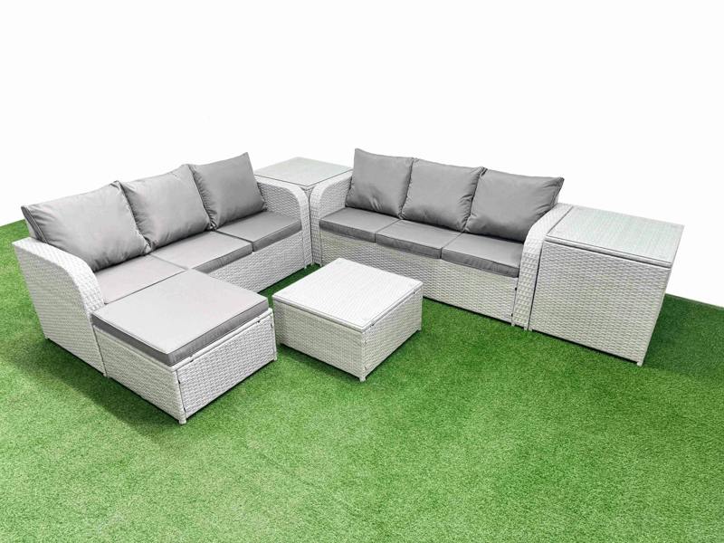Fimous 7 Seater Outdoor Rattan Set, Wicker, Square Coffee Table, High Back Lounge Sofa, Big Footstool and 2 Side Tables, Light Grey