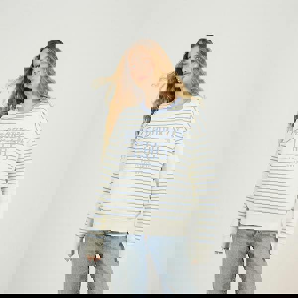 Brave Soul Cream Stripe Embroidered Crew Neck Sweatshirt - Cream Image 1