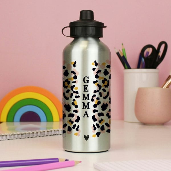 Personalised Memento Company Personalised Leopard Print Silver Drinks Bottle