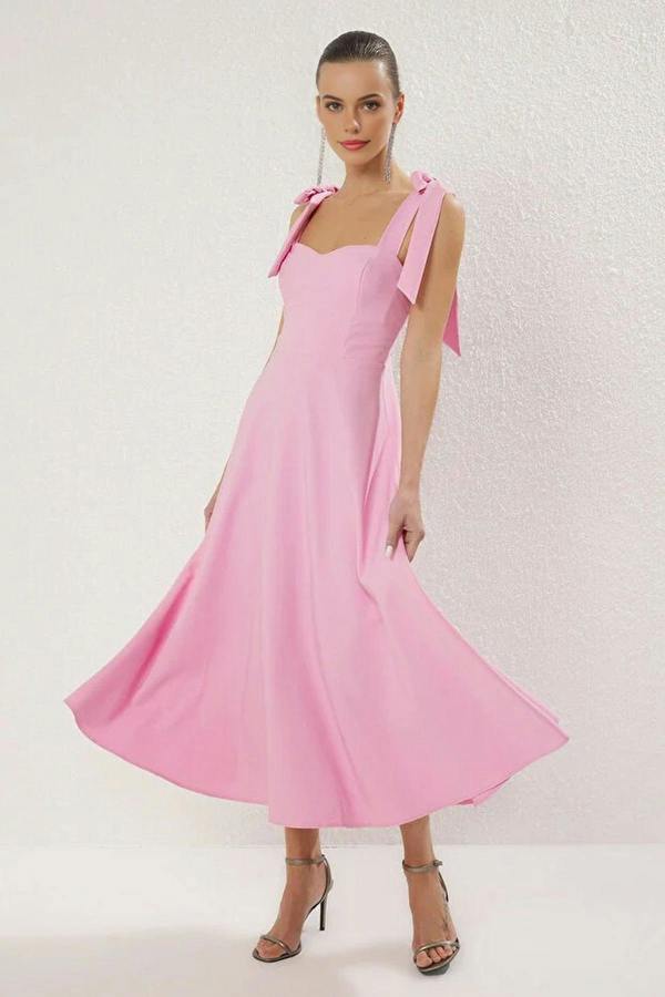 WOVCOR Tie Strap Midi Dress with Sweetheart Neckline