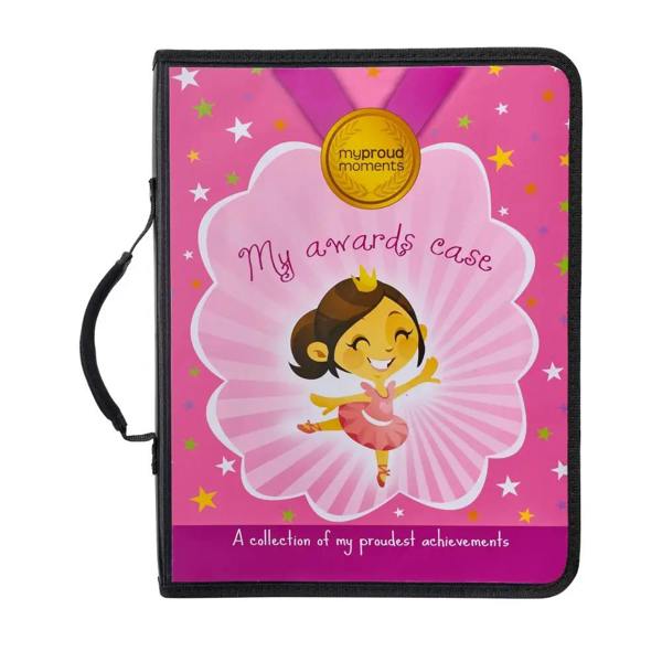 Pink ballerina proud moments medal case with black trim for dance awards