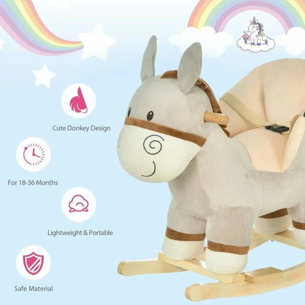 Grey plush donkey rocker with light-wood runners and safety strap on padded seat