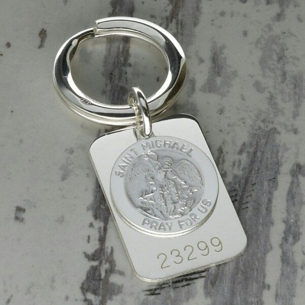 Christopher James of London Sterling Silver Personalised Rectangle St Michael Keyring With Prayer