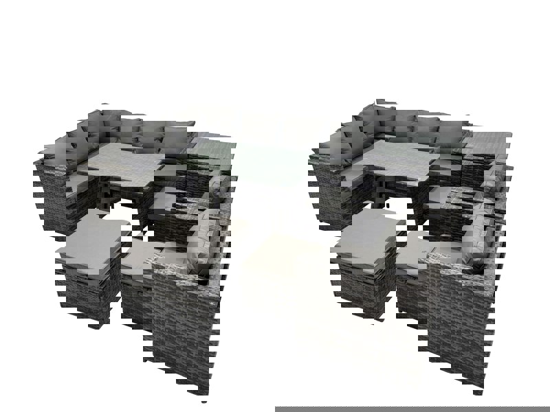 Fimous 11 seater Outdoor PE Rattan Sofa Set with Dining Table Patio Garden Furniture Sets with 2 Chair 3 Stools Side Table Dark Grey Mixed