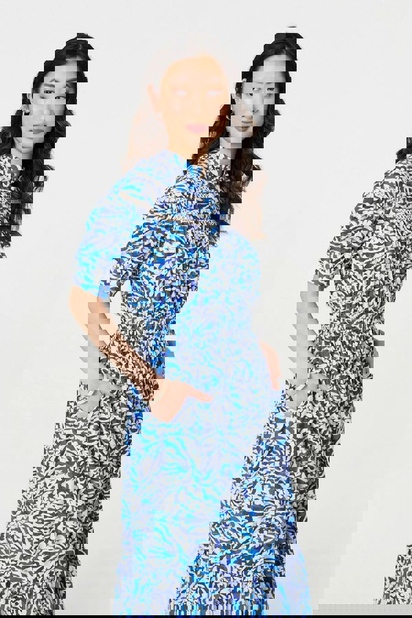 Blue | Leaf Print 1/2 Sleeve Midi Shirt Dress
