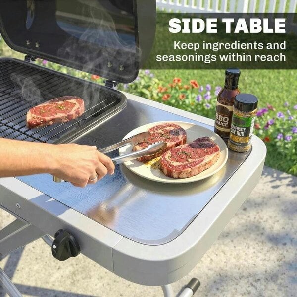 Bobobiy Foldable Gas BBQ Grill with Side Table, Portable Gas Barbecue Grill with Thermometer, Grease Box, Wheels, 2.5 kW, Black