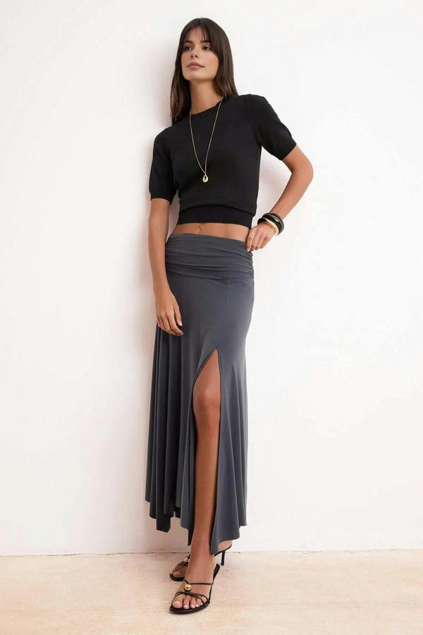 WOVCOR Waist Detail Slit Stretch Knit Maxi Skirt