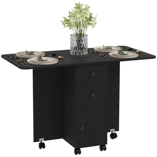 Wyld Haus Midile Wooden Distressed Black Drop Leaf Dining Table With Storage Seating 6