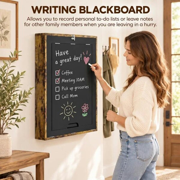 Folding Wall-Mounted Drop-Leaf Table, Convertible Wall Table With Chalkboard and Storage Shelf, Rustic Brown