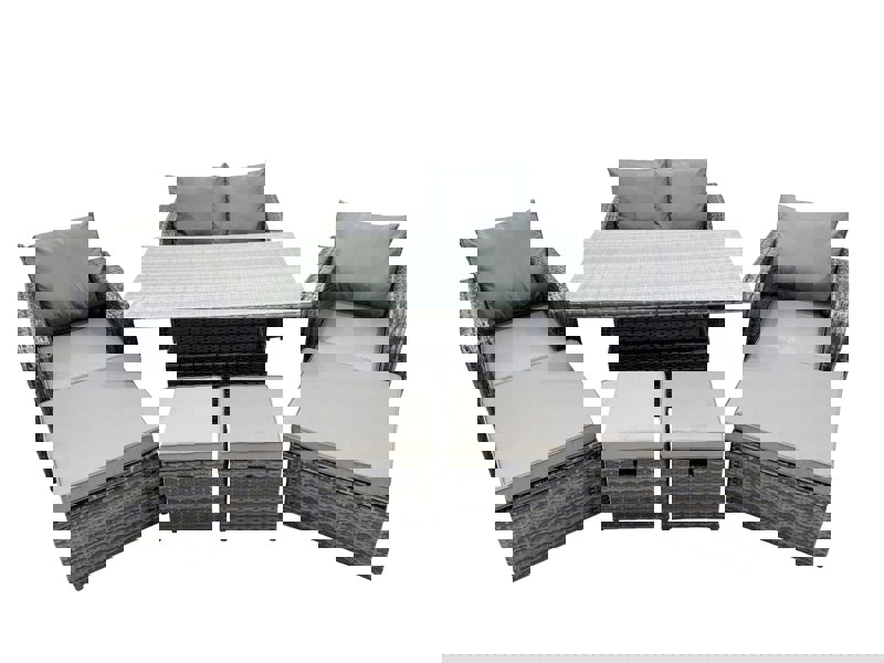 Fimous 8 seater Patio Height Adjustable Rising Lifting Table Sofa Sets Rattan Garden Furniture Dining Set with 4 Footstool Dark Grey Mixed