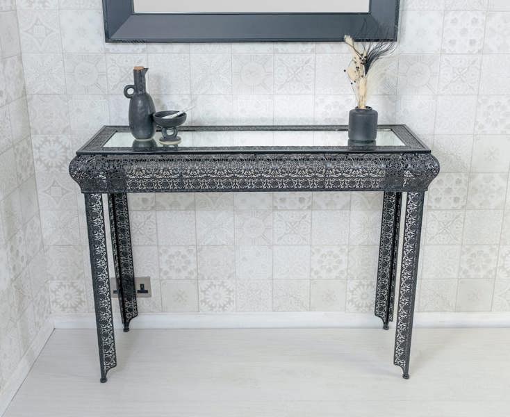 Black Embossed Metal Mirrored Glass Console Table - Agadir range