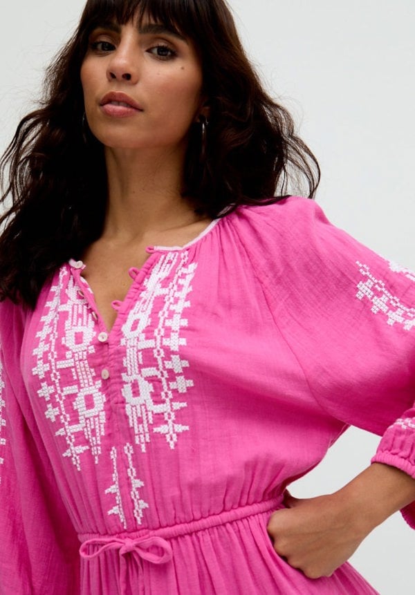 Sophia Tiered Ruffle Embroidered Mini Dress In Pink