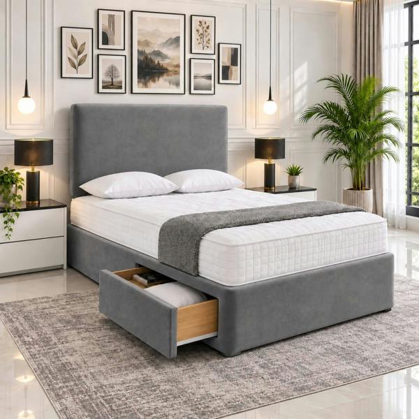 Paradise Beds Luxury Upholstered Divan Bed with Side Storage Drawers & Tall Headboard
