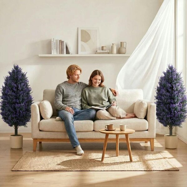 Set of 2 Artificial Lavender Flowers, Indoor Outdoor Fake Plants with Stakes, UV Resistant for Garden, 90 cm, Blue