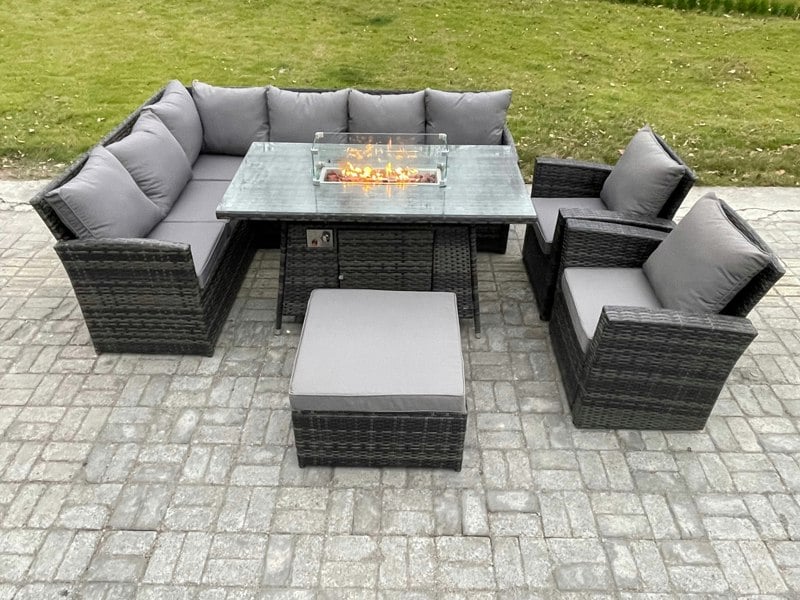 Fimous 9-Seater Rattan Corner Sofa Dining Set | Outdoor Gas Fire Pit Table & Heater, Armchair, Footstool | Dark Grey