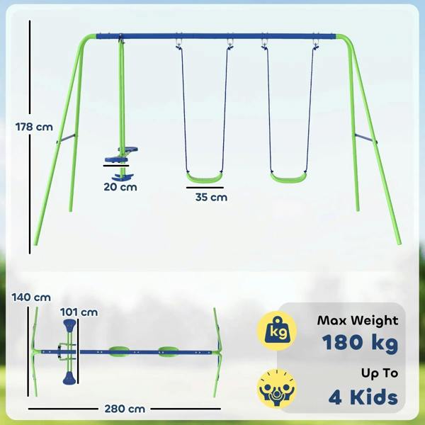 Green metal swing set frame with two blue rope swings and an included size diagram