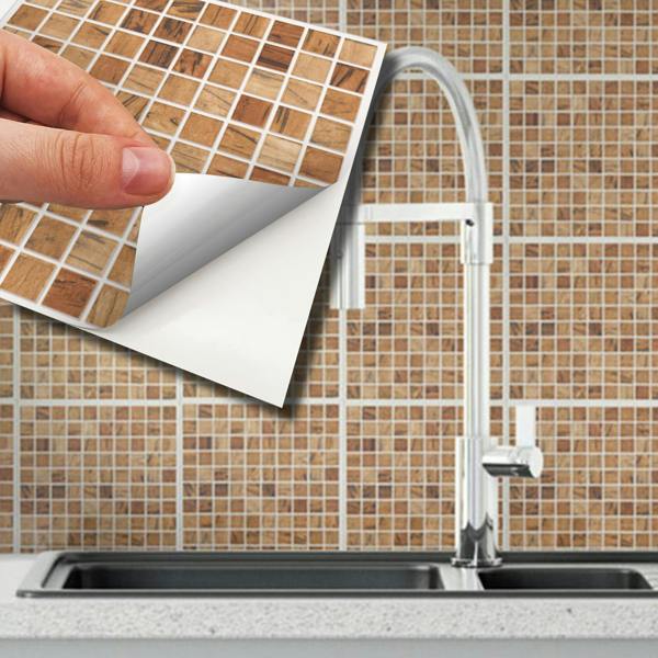 WALPLUS WT1592 - Triana Marble Brown and Cream Mosaic Wall Tile Sticker Set - 15 x 15 cm (6 x 6 in) - 24 pcs