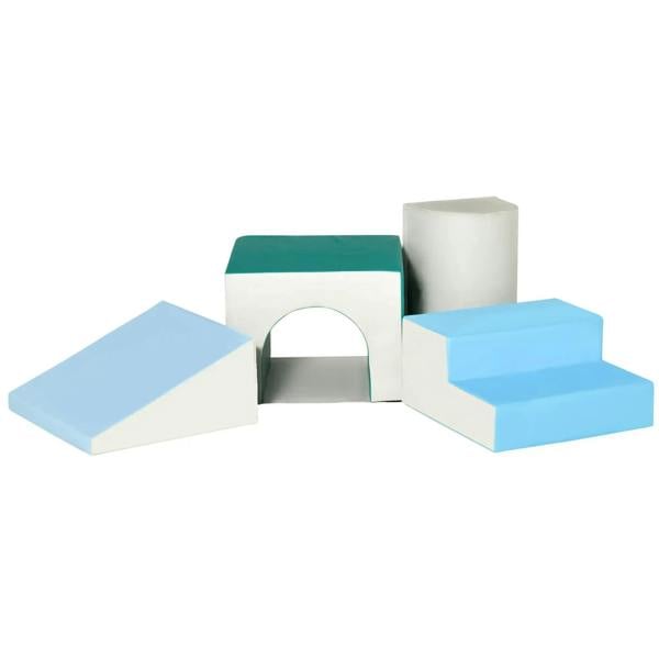 4-piece toddler soft play set in teal, white, and light blue with arched doorway block