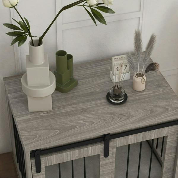 Dog crate furniture tabletop with dark latch handles and front bar opening