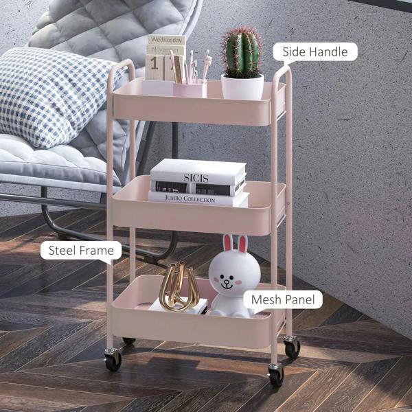 Pink three-tier steel storage trolley with side handles, mesh panels, and caster wheels