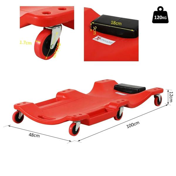 Red rolling creeper board with black headrest pad and four caster wheels, side view