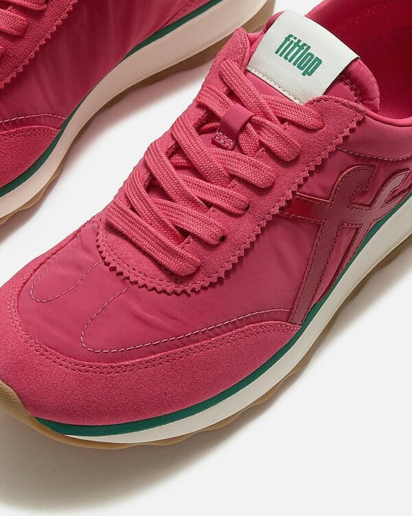FitFlop Womens Retro-Q FF Fabric/Suede Trainers - Berry Rose/Marine Green E47