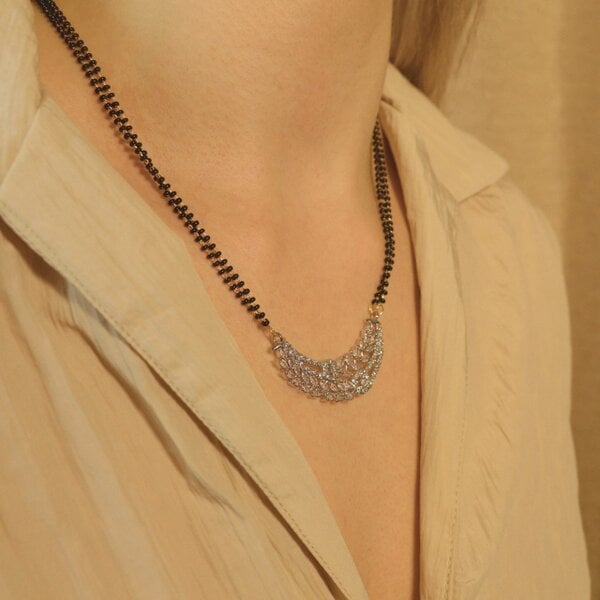 The Colourful Aura Indian Nazaria Silver Zircon Mangalsutra Black Beads Earring and Pendant Necklace