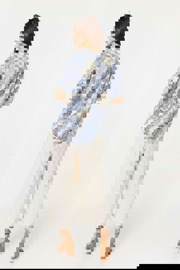 Blue | Printed V-Neck 1/2 Sleeve Blouse