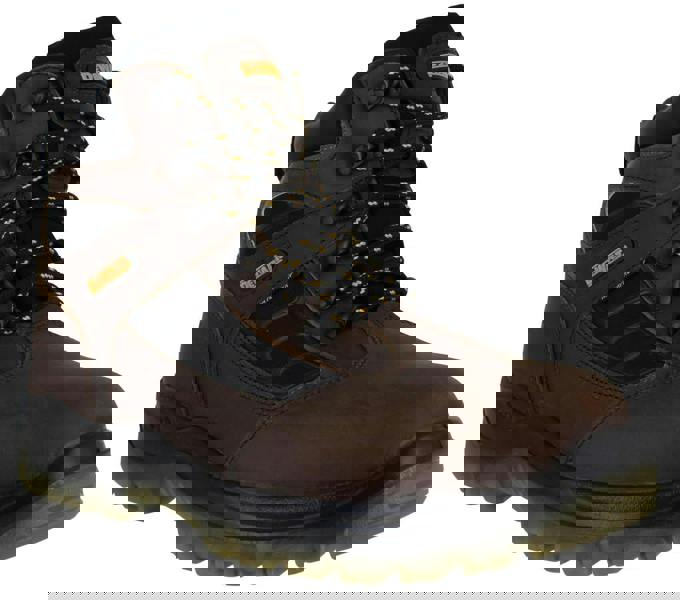 DeWalt Hudson Mens Lace Up Safety Work Steel Toe/Midsole Ankle Boots, brown leather work boots with black and yellow laces and steel toe protection.