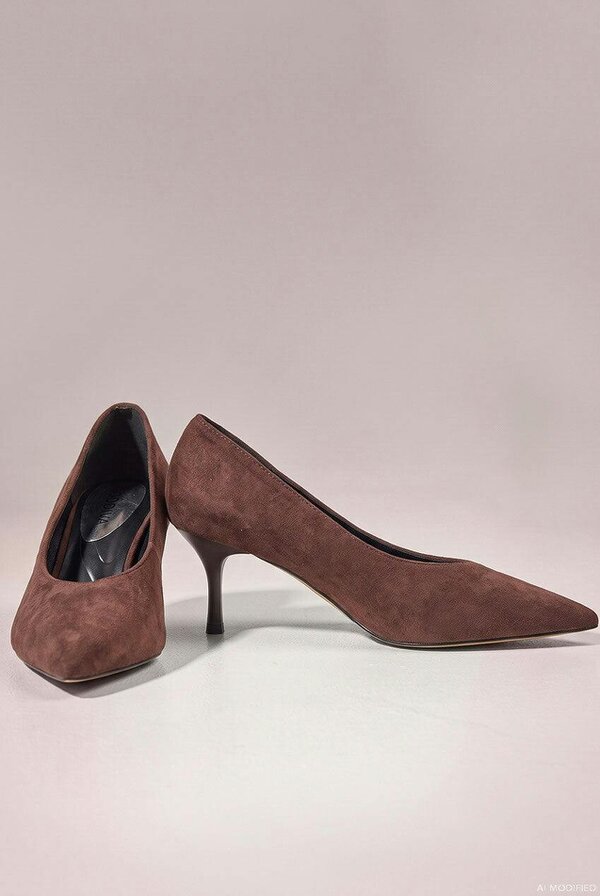 Goddiva Classic Low Cut Stiletto Style Suede Court Heels - Brown by Goddiva