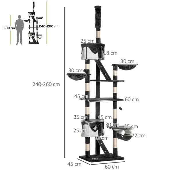 Adjustable floor-to-ceiling cat tree tower with multiple levels and dimensions