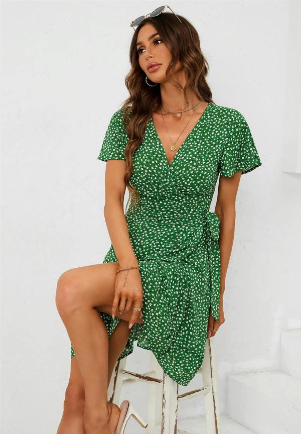 FS Collection Floral Print Mini Wrap Dress In Green