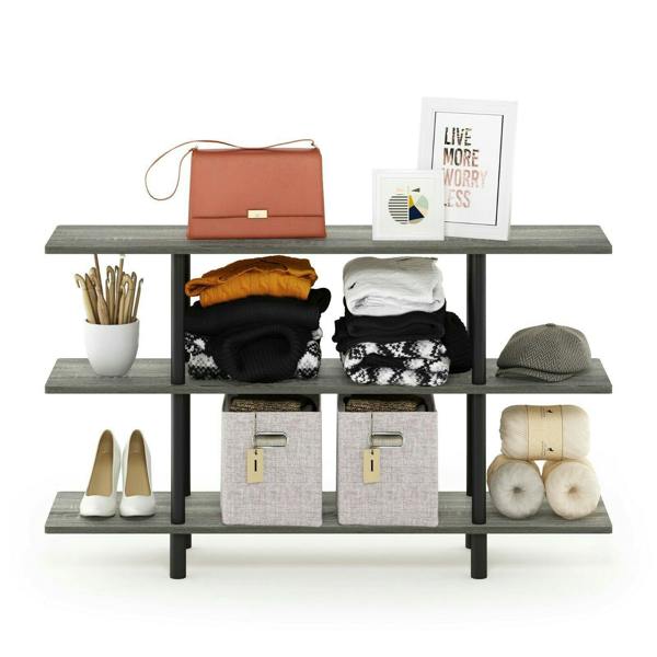 WALPLUS Contemporary Turn-N-Tube 3-Tier Wide Display Shelf, French Oak Grey/Black for Living Room