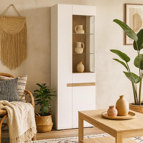 Wyld Haus Foxwhisk Tall Glazed Narrow Display Unit White and Truffle Oak Wood Left Hand