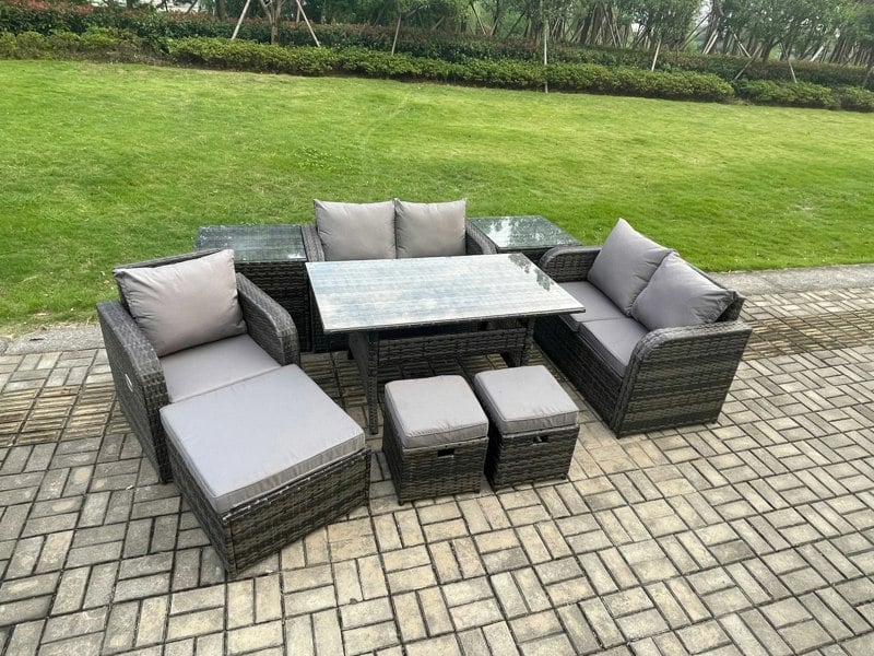 Fimous Lounge Rattan Sofa Set Outdoor Garden Furniture Oblong Rectangular Dining Table With Chairs 3 Footstools 2 Side Tables 8 Seater Dark Grey Mixed