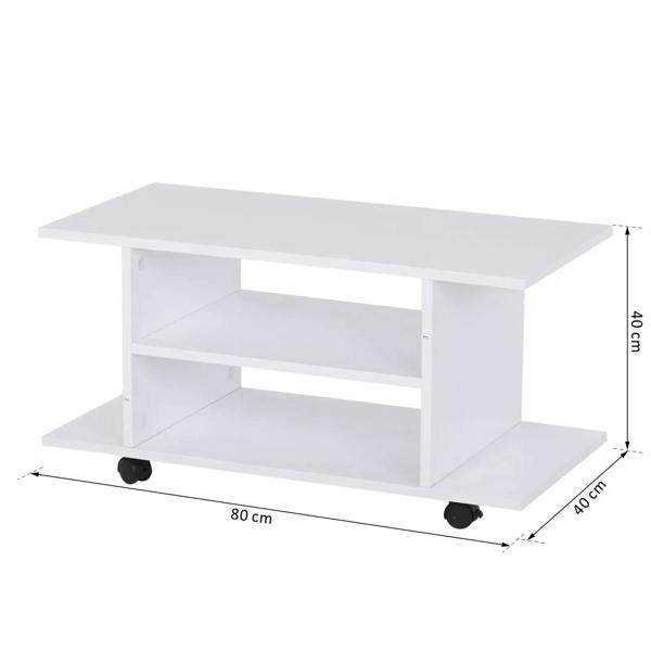 White TV cabinet stand with open shelves and smooth top, shown with size dimensions
